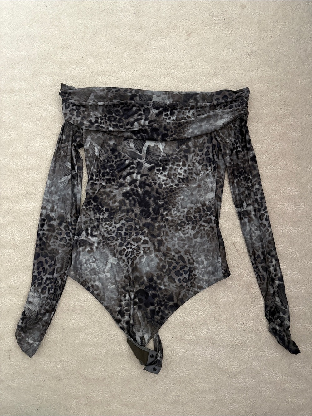 Off-Shoulder Leopard Print One-Piece Bodysuit in Gray